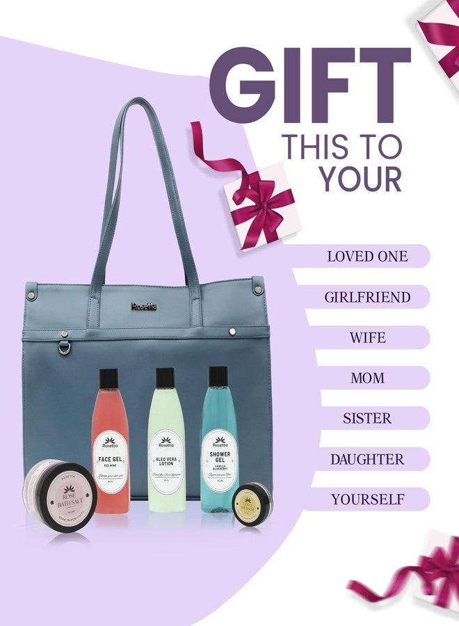 روزيتا مجموعة هدايا التجميل روزيتا 6 في 1 للنساء | حقيبة يد أنيقة باللون الأزرق الفولاذي مع جل للوجه، لوشن الصبار، جل استحمام، ملح استحمام ومرطب شفاه | مجموعة سبا فاخرة. - Image 3