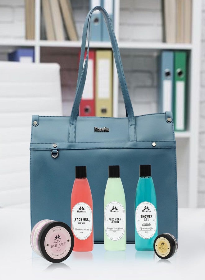 روزيتا مجموعة هدايا التجميل روزيتا 6 في 1 للنساء | حقيبة يد أنيقة باللون الأزرق الفولاذي مع جل للوجه، لوشن الصبار، جل استحمام، ملح استحمام ومرطب شفاه | مجموعة سبا فاخرة. - Image 1