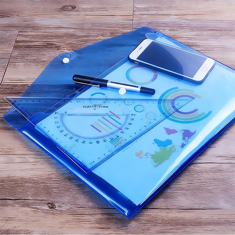 SzJias Clear Document Folders Transparent Filing Envelopes Waterproof Plastic Envelopes File Holder Filing Document Poly Envelope with Snap Button Closure for A4 Letter Paper Size (Blue, A4) - Image 2
