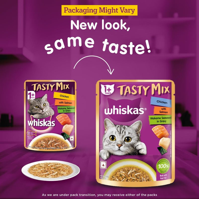 Whiskas Tasty Mix Adult (1+ Year) Wet Cat Food, Chicken with Salmon Wakame Seaweed in Gravy, 70 g, Pack of 28|Made with Real Fish|Complete & Balanced Nutrition for Adult Cat - Image 2