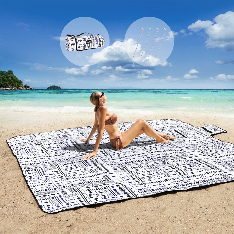 ZAZE Picnic Blankets Beach Blanket with Stakes, Thick 3-Layer Waterproof Sandproof 80 * 80 Oversized Mat, Foldable Extra Large Big, Machine Washable Accessories for Outdoor Camping Park (Black Blue) - Image 1