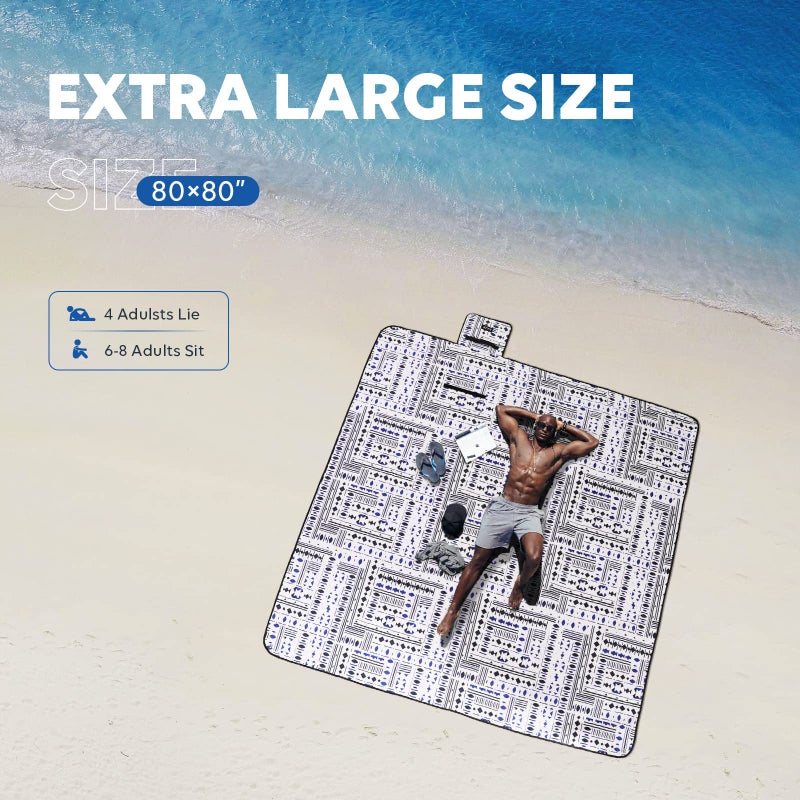 ZAZE Picnic Blankets Beach Blanket with Stakes, Thick 3-Layer Waterproof Sandproof 80 * 80 Oversized Mat, Foldable Extra Large Big, Machine Washable Accessories for Outdoor Camping Park (Black Blue) - Image 2