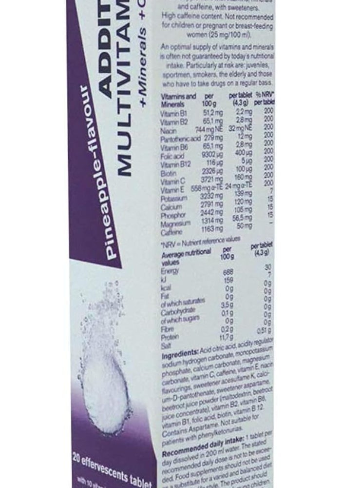 Additiva Multivitamins and Minerals with Caffeine 20 Effervescent Tablets Pineapple Flavour - Image 1