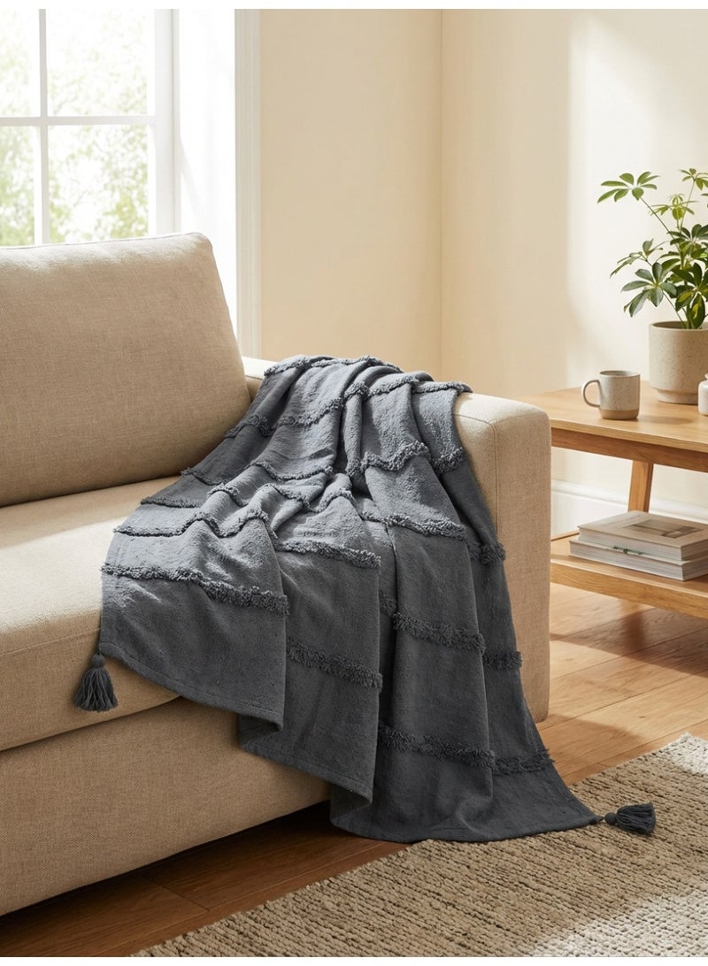 Ambrosia بطانية قطنية مميزة من مونتريال 130 × 160 سم باللون الرمادي الفحم، غطاء مزخرف ناعم 400GSM بتفاصيل بوهيمية للكنبة، الأريكة، والسرير - Image 2