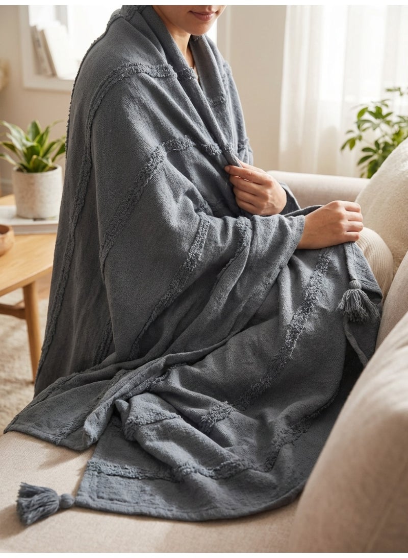 Ambrosia بطانية قطنية مميزة من مونتريال 130 × 160 سم باللون الرمادي الفحم، غطاء مزخرف ناعم 400GSM بتفاصيل بوهيمية للكنبة، الأريكة، والسرير - Image 5