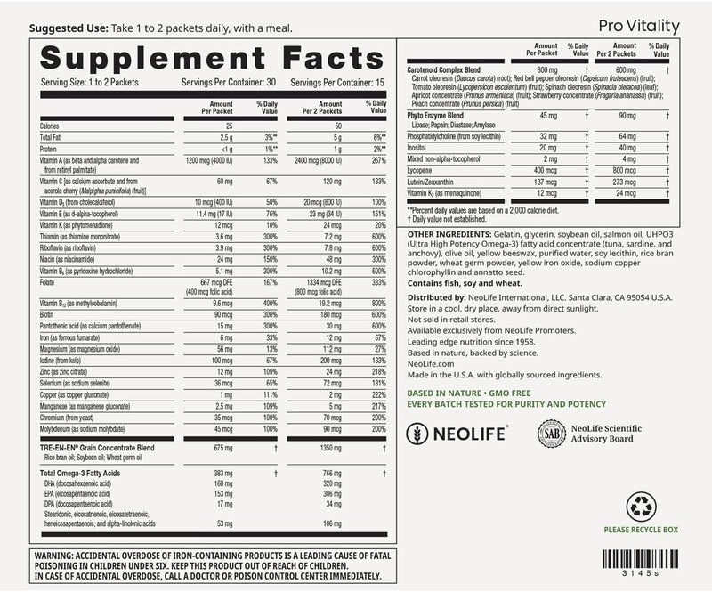 NeoLife Pro Vitality  Daily Nutrition for Cellular Energy Multivitamin for Women  Men OmegaIII Salmon Oil Carotenoid Complex  21 Essential Vitamins Green 30 Packets - Image 2