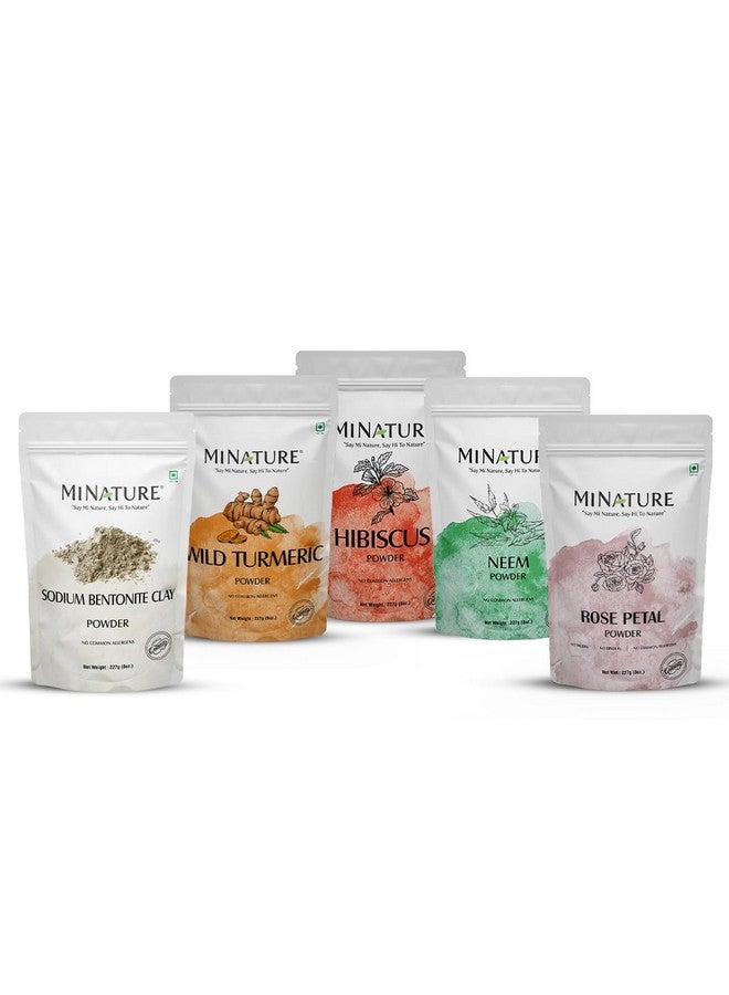 minature Combo Of Wild Turmeric, Sodium Bentonite Clay, Neem, Hibiscus, And Rose Petal Powder | Face Pack For De-Tan, Darkspots, & All Types Of Skin |Pure And Natural | 227 Grams Each (227G * 5) - Image 1