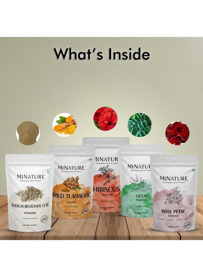minature Combo Of Wild Turmeric, Sodium Bentonite Clay, Neem, Hibiscus, And Rose Petal Powder | Face Pack For De-Tan, Darkspots, & All Types Of Skin |Pure And Natural | 227 Grams Each (227G * 5) - Image 3