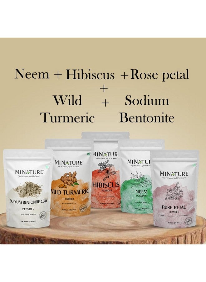 minature Combo Of Wild Turmeric, Sodium Bentonite Clay, Neem, Hibiscus, And Rose Petal Powder | Face Pack For De-Tan, Darkspots, & All Types Of Skin |Pure And Natural | 227 Grams Each (227G * 5) - Image 2