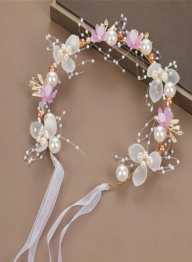 Ashkash 1PC Romantic Floral Bridal Tiara Headband Decorated With Faux Pearls Beads with Super Fairy Chiffon Ribbon Tie Princess Birthday Party Headpiece Hair Accessory (Pink, Free) - Image 5
