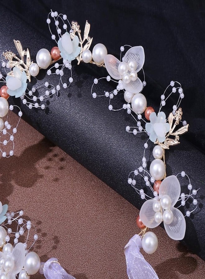 Ashkash 1PC Romantic Floral Bridal Tiara Headband Decorated With Faux Pearls Beads with Super Fairy Chiffon Ribbon Tie Princess Birthday Party Headpiece Hair Accessory (Pink, Free) - Image 2