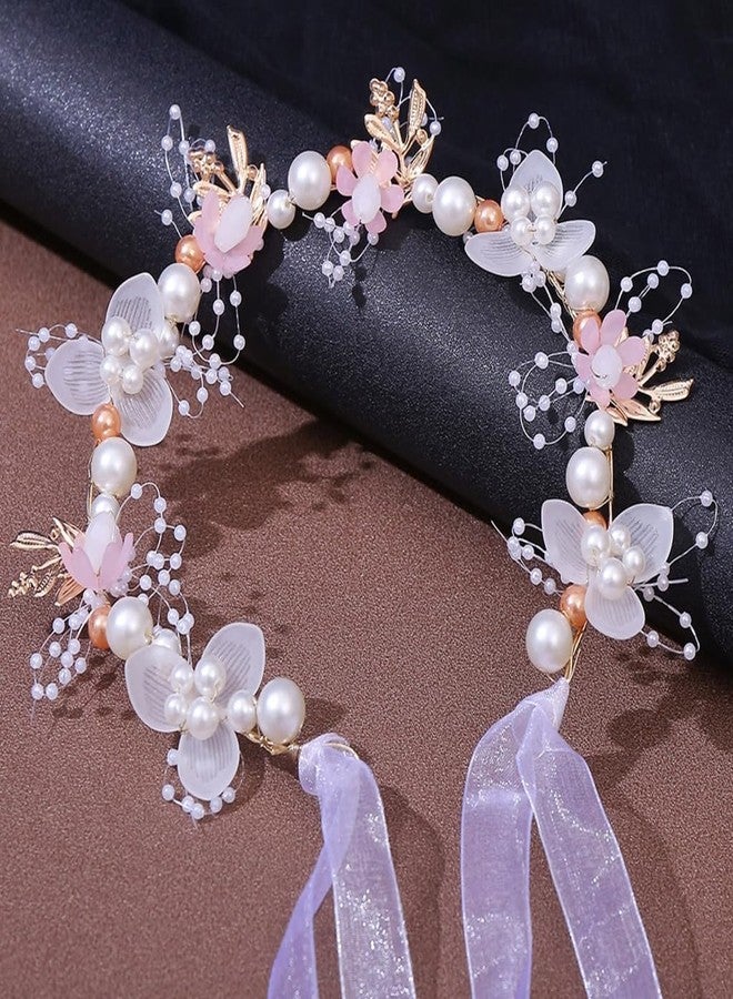 Ashkash 1PC Romantic Floral Bridal Tiara Headband Decorated With Faux Pearls Beads with Super Fairy Chiffon Ribbon Tie Princess Birthday Party Headpiece Hair Accessory (Pink, Free) - Image 4