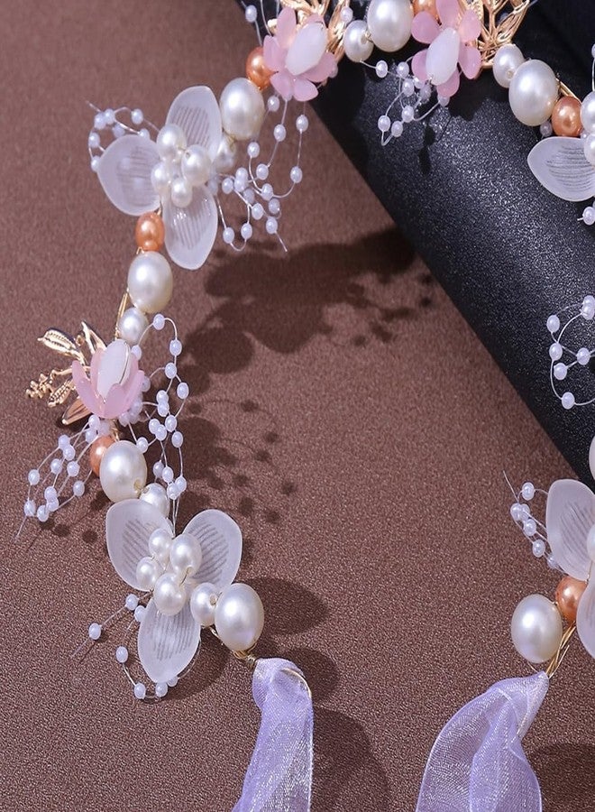 Ashkash 1PC Romantic Floral Bridal Tiara Headband Decorated With Faux Pearls Beads with Super Fairy Chiffon Ribbon Tie Princess Birthday Party Headpiece Hair Accessory (Pink, Free) - Image 3