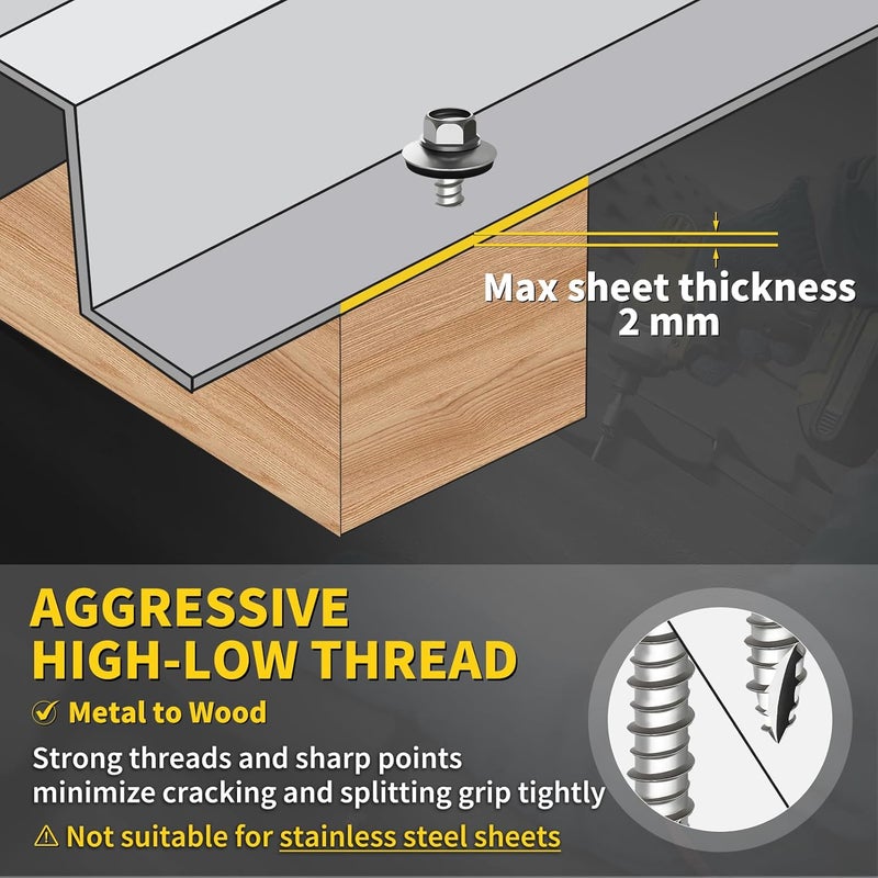 FIXLINK Metal Roofing Screws #10 x 1-1/2", 300 PCS, RUSPERT Hex Head Rubber Washer Sheet Metal Roof Screws Self Tapping Metal to Wood Siding Screws, Hex Socket Included, Silver - Image 2