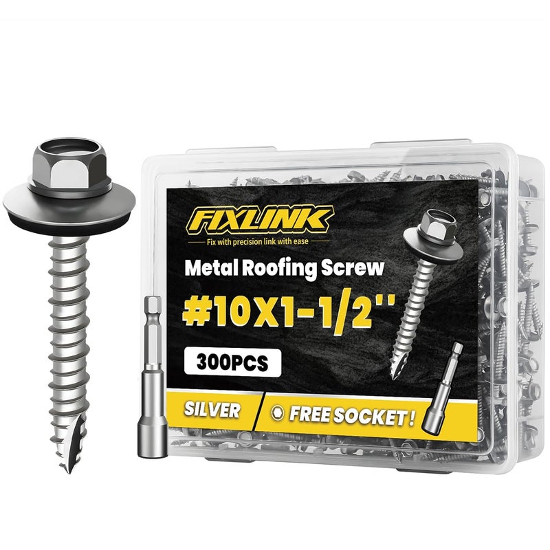 FIXLINK Metal Roofing Screws #10 x 1-1/2", 300 PCS, RUSPERT Hex Head Rubber Washer Sheet Metal Roof Screws Self Tapping Metal to Wood Siding Screws, Hex Socket Included, Silver - Image 1