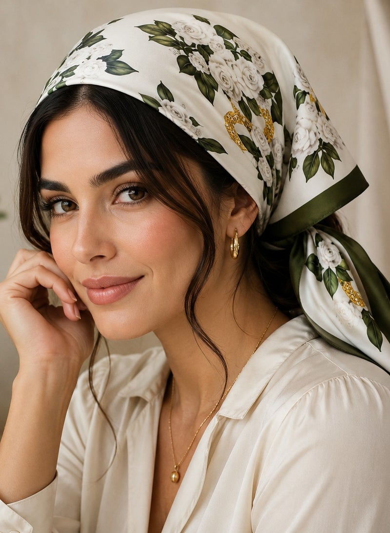 وشاح مربع من الساتان للنساء، غطاء ناعم حريري للرأس والرقبة، 60 × 60 سم (زهر زيتوني) - Image 3