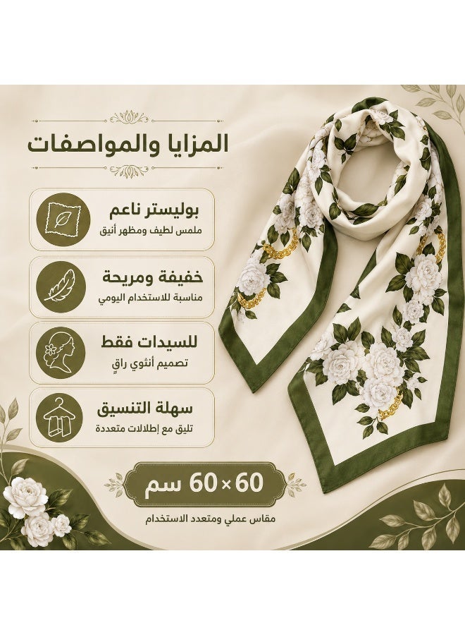 Women’s Satin Square Scarf, Soft Silky Head and Neck Wrap, (Olive Floral) - Image 5