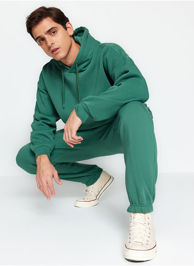trendyol Green Oversize / Wide Cut Elasticized Basic Fleece Cotton Tracksuit Set TMNAW24EM00002  - Image 3