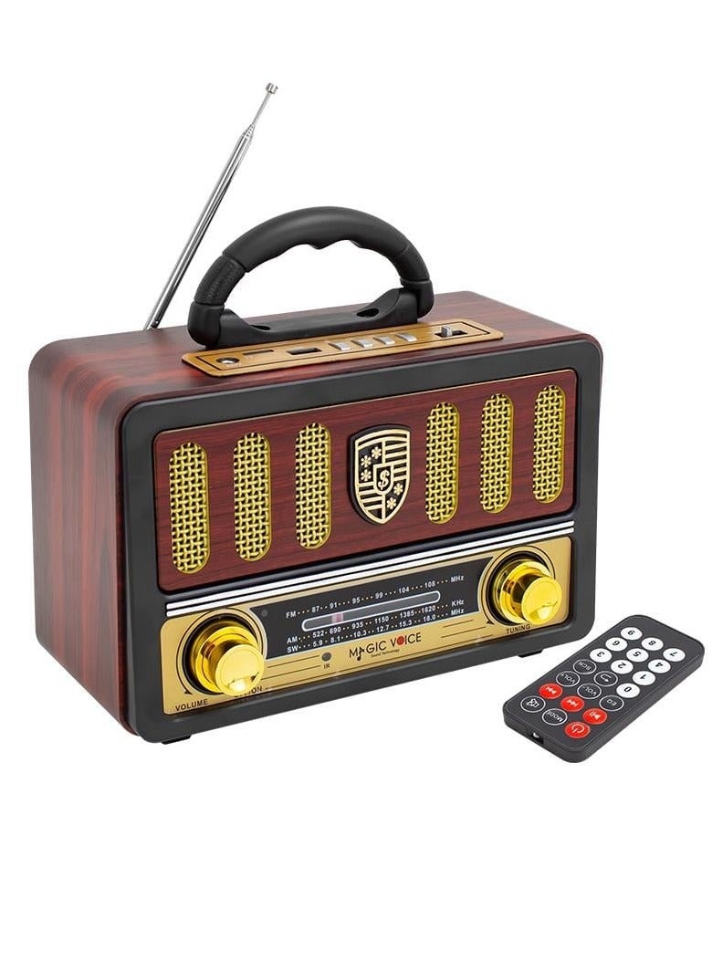Denx Rechargeable HI-FI Radio with Remote Control, Large Capacity Battery, Portable, Retro Style FM Radio, Support Bluetooth, SD Card Slot, USB and AUX Port  - Image 1