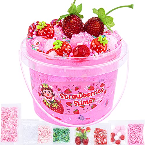LAWOHO Crystal Slime Pink Strawberry Jelly Cube Glimmer Crunchy Clear Slime with 8 Addins Idea Stress Relief Toy Kids Party Favor Birthday Easter Christmas New Year Gift for Girls Boys Age 6 7 8 9 10 - Image 1
