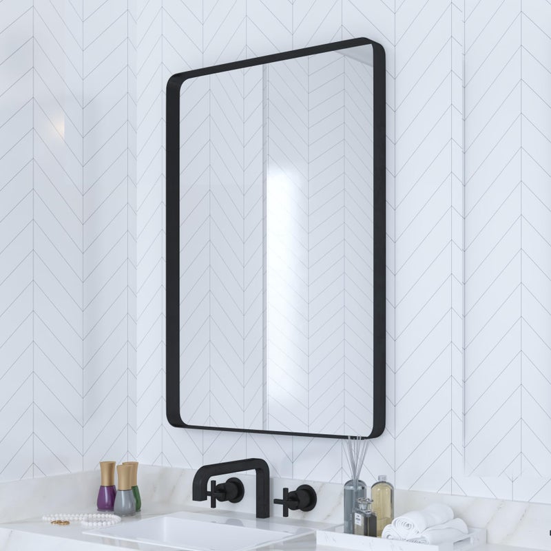 VocalStar Black Bathroom Mirror for Wall 18 x 26 Inch Rounded Rectangle Metal Framed Bathroom Wall Vanity Mirror Farmhouse 14inch Shatterproof Glass  UltraFlush Hanging