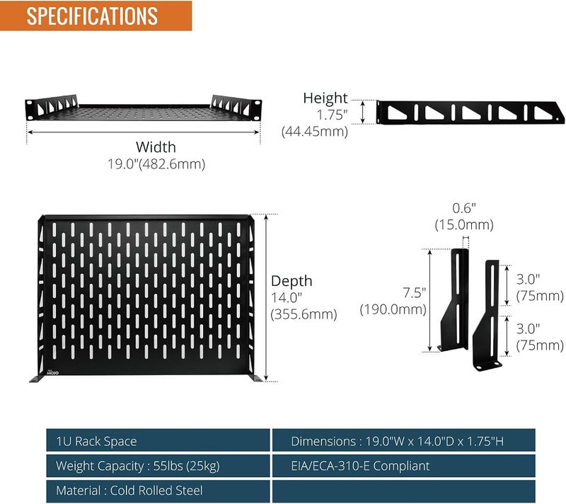 Tecmojo 1U Rack Shelf,19 inch Rack Shelf 14 inch Depth,Rack Mount Shelf with Anti-Slip Stops,Server Rack Shelf and Network Shelf for 19 in Equipments, 110lbs Capacity of Vented 1U Shelf,No Lip(2 Pack) - Image 2