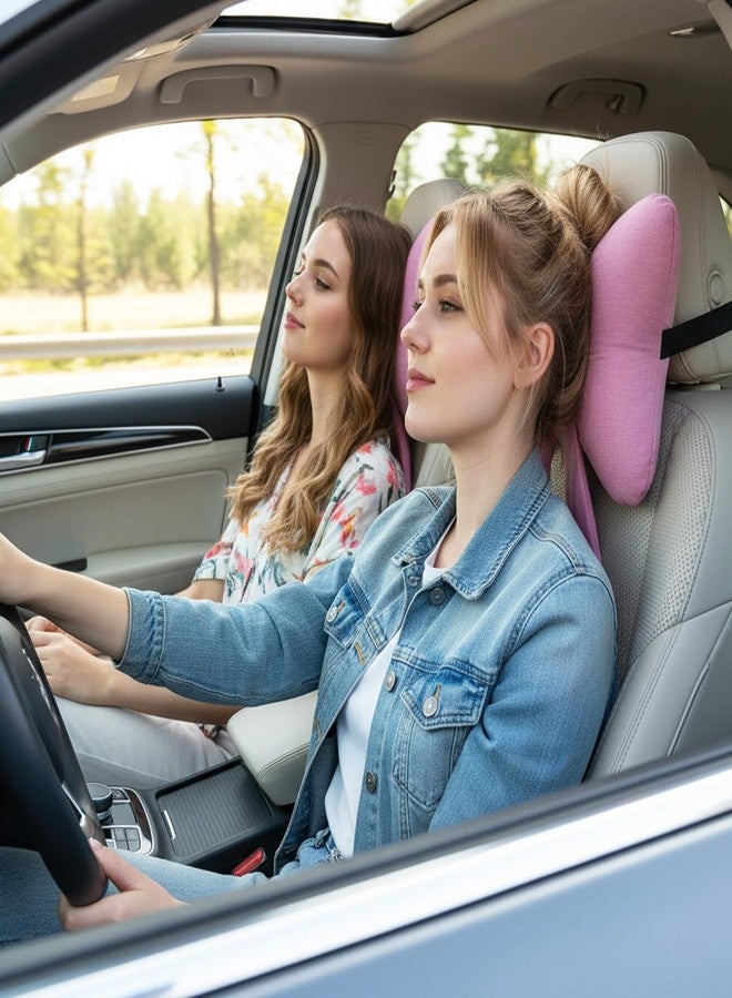 ماكاري وسادة رقبة للسيارة من قطعتين من ماكاري، وسادة مسند رأس على شكل فيونكة قابلة للتهوية، وسادة مريحة لدعم الرقبة، إكسسوارات سيارة لطيفة على شكل فيونكة للقيادة والسفر، كرسي السائق، ديكور داخلي شتوي أنيق للبنات، هدايا (وردي) - Image 5