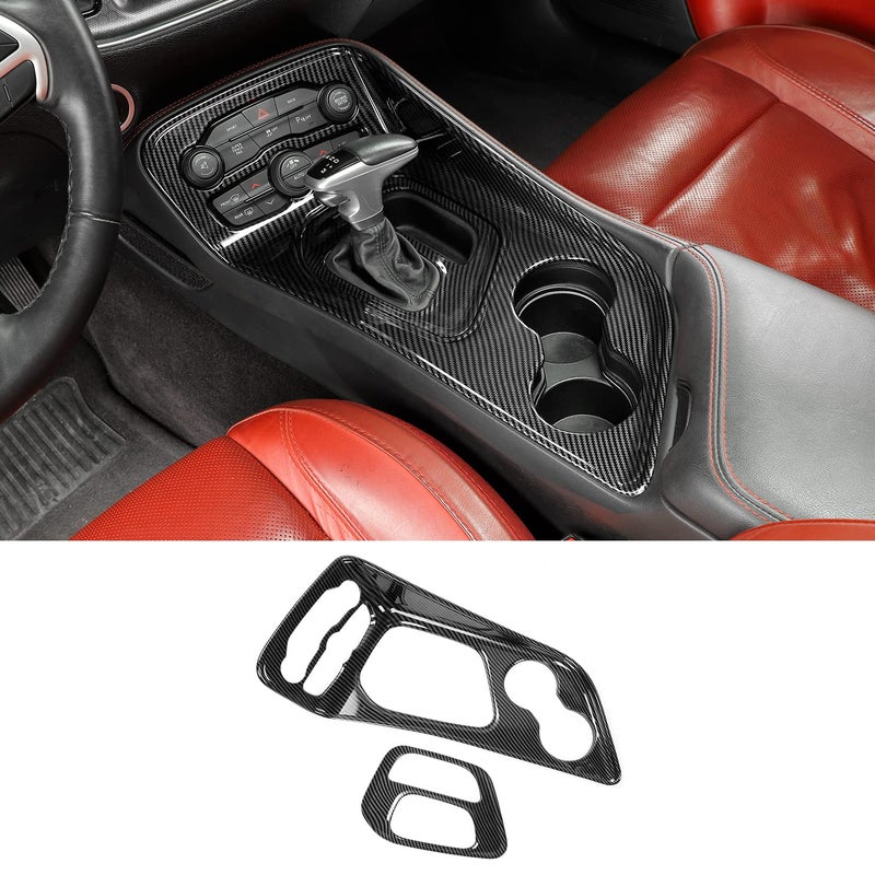 Jimen Compatible with 20152021 Dodge Challenger 2PCS Gear Shift Panel Trim Cover Black Carbon Fiber