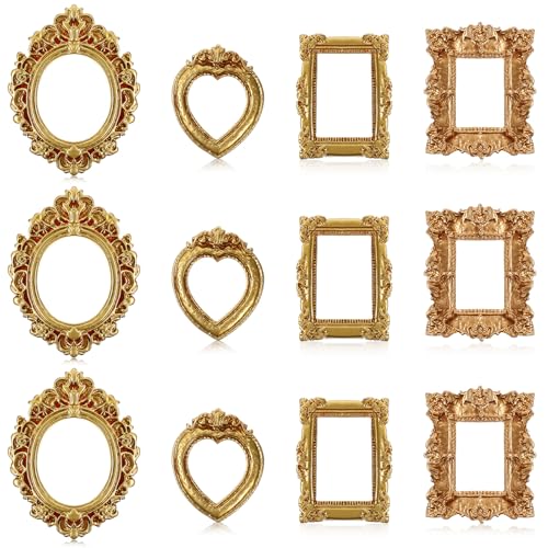 Heclia Miniature Dollhouse Mirror Picture Frames Set 12 PCS Vintage Gold Resin Mini Frames with Carved Details for Wall Hanging Desktop Display Jewelry Showcase DIY Crafts 112 Scale Dollhouse Dcor - Image 1