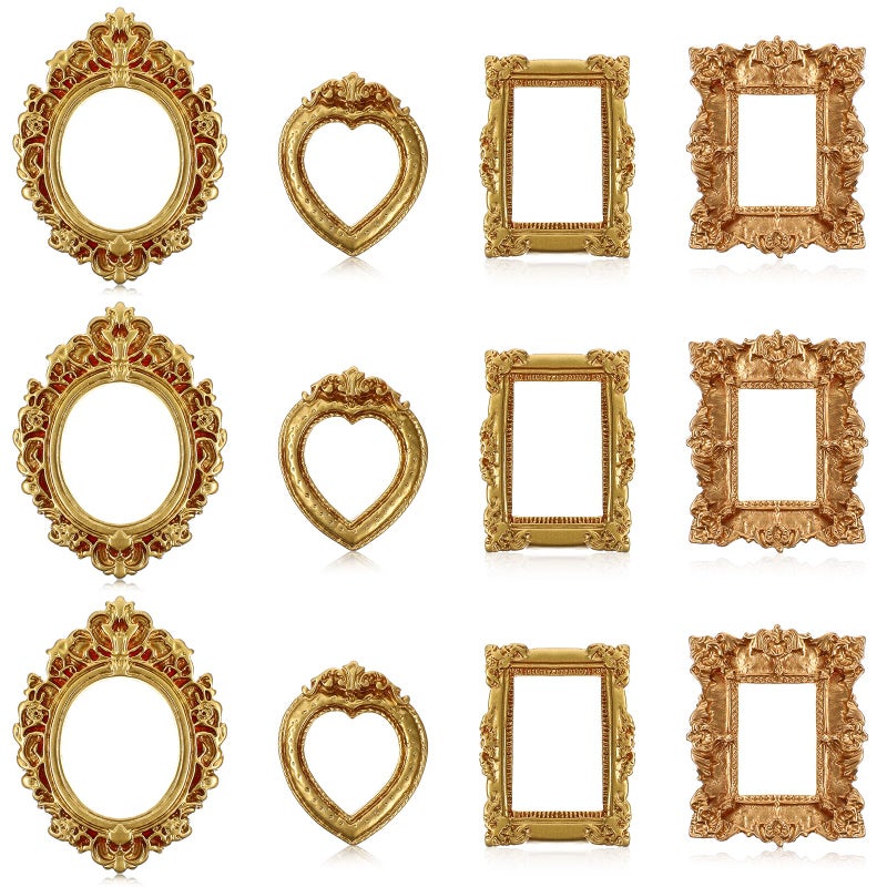 Heclia Miniature Dollhouse Mirror Picture Frames Set 12 PCS Vintage Gold Resin Mini Frames with Carved Details for Wall Hanging Desktop Display Jewelry Showcase DIY Crafts 112 Scale Dollhouse Dcor - Image 3