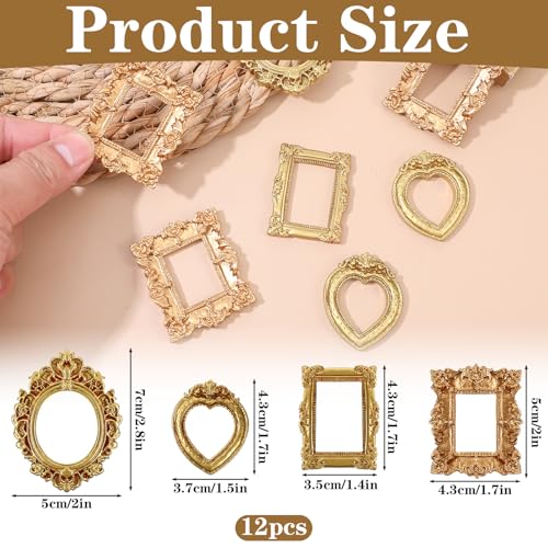 Heclia Miniature Dollhouse Mirror Picture Frames Set 12 PCS Vintage Gold Resin Mini Frames with Carved Details for Wall Hanging Desktop Display Jewelry Showcase DIY Crafts 112 Scale Dollhouse Dcor - Image 5