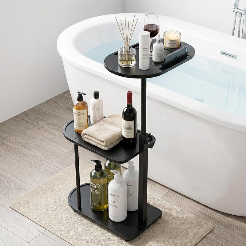 Cozi Adjustable Bamboo Bathtub Tray Table – 3-Layer Bath Board Shelf for Cups, Books, Tablets, and Bathroom Storage, Small Bathroom Table for Relaxing, Reading, and Home Organization - Image 1