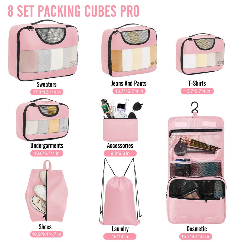 Veken 8 Set Packing Cubes for Travel Essentials, Pink Suitcase Organizer Bags in 4 Sizes, Carry-On Luggage Accessories with Large Laundry & Hanging Toiletry Bag, Must-Have for Airplane, Road Trip - Image 2