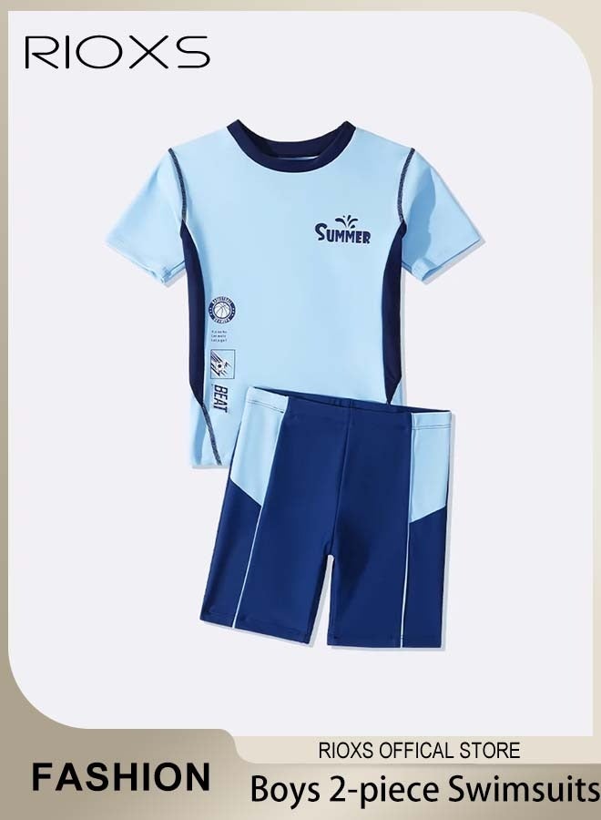 2-Piece Rash Guard Swimsuit for Boys, Moisture-wicking Breathable Swimming Costume Set, Fashionable Short Sleeve Swimwear, Made of Efficient Quick-drying and High-density Fabric, Suitable for Surfing, Diving, Swimming or Beach Activities