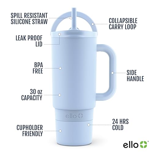 Ello Port 30oz Tumbler with Carry Loop & Integrated Handle, Vacuum Insulated Stainless Steel Reusable Water Bottle, Travel Mug with Leak Proof Lid & Straw, Perfect for Iced Coffee & Tea, Halogen Blue - Image 3