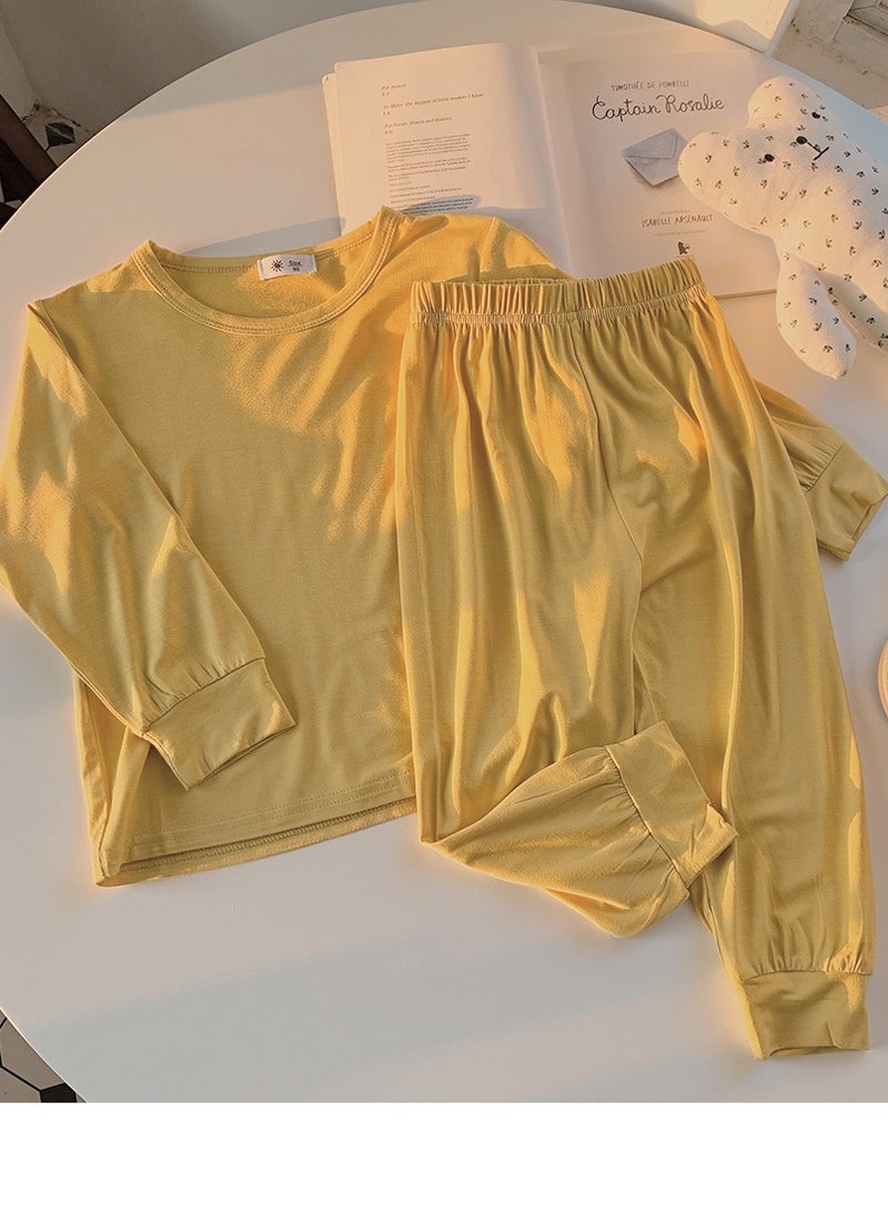 Loquat Kids Solid Color Pajama Set Cotton Soft Base Layer Top & Mid-Waist Bottom Children's Underwear Set Yellow 