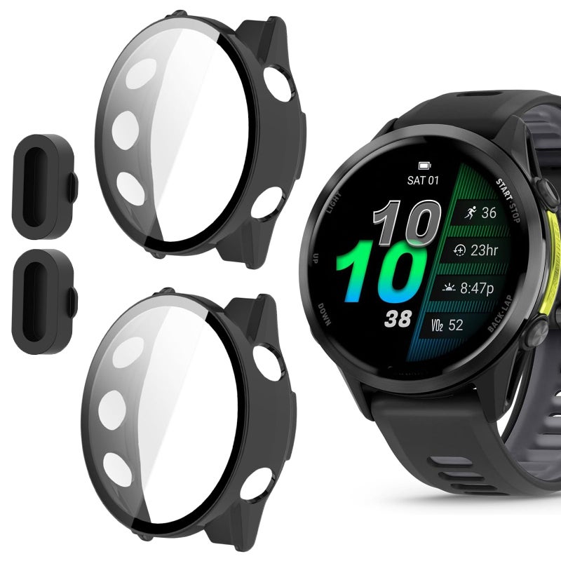 Garmin Forerunner 970 Hard PC Case with Tempered Glass Screen Protector & Silicone Dust Plug, Black - Image 3