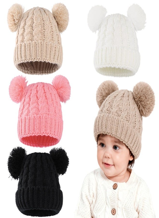NIMBLOOM 4 Pcs Knitted Winter Hat for Little One, Double Pom Beanie with Soft Knit Fabric, Warm and Breathable, Fits 0-3 Years, Cozy Cold Weather Hat for Little One, Multiple Colors Multicolor - Image 1