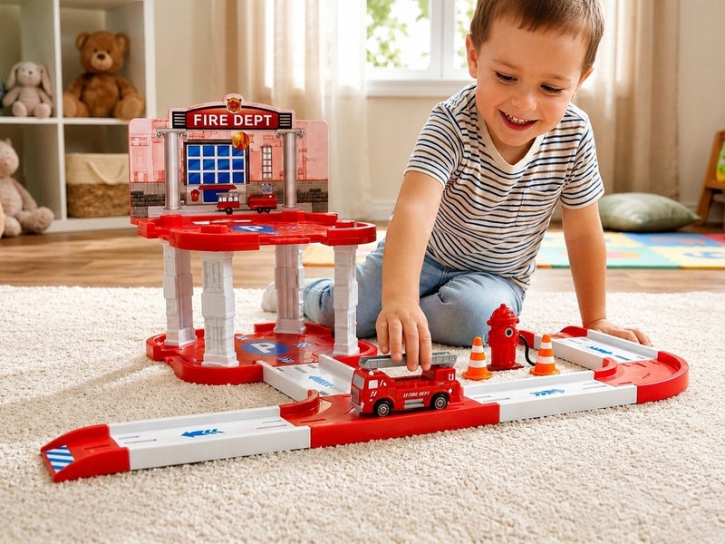 O2. City Fire Station DIY Parking Track Set – Interactive Rescue Scene with Fire Truck - Image 2