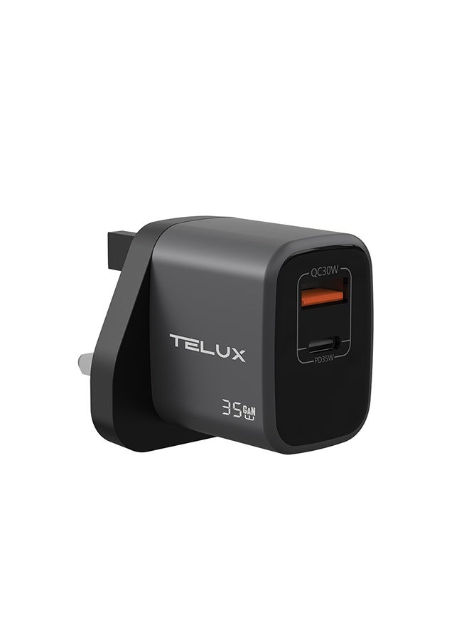 TELUX VOLTFLOW 35W GaN Dual Port Wall Charger, 35W PD USB-C + 30W QC USB-A, Dual Device Charging, Overcharge & Short Circuit Protection, Compact & Universal Compatibility, Black - Image 1