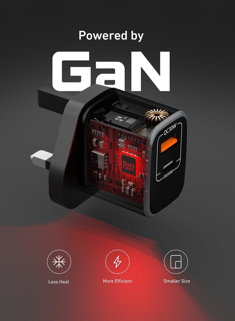 TELUX VOLTFLOW 35W GaN Dual Port Wall Charger, 35W PD USB-C + 30W QC USB-A, Dual Device Charging, Overcharge & Short Circuit Protection, Compact & Universal Compatibility, Black - Image 3