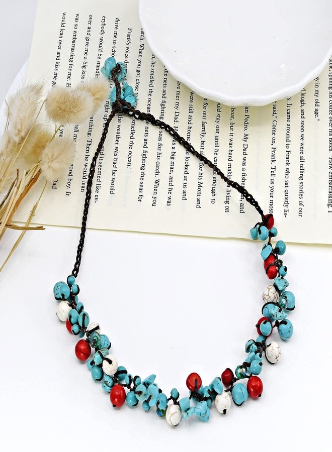 AeraVida Infinite Beaded Clusters Simulated Turquoise and Reconstructed Red Coral Cotton Wax Rope Necklace - Image 2