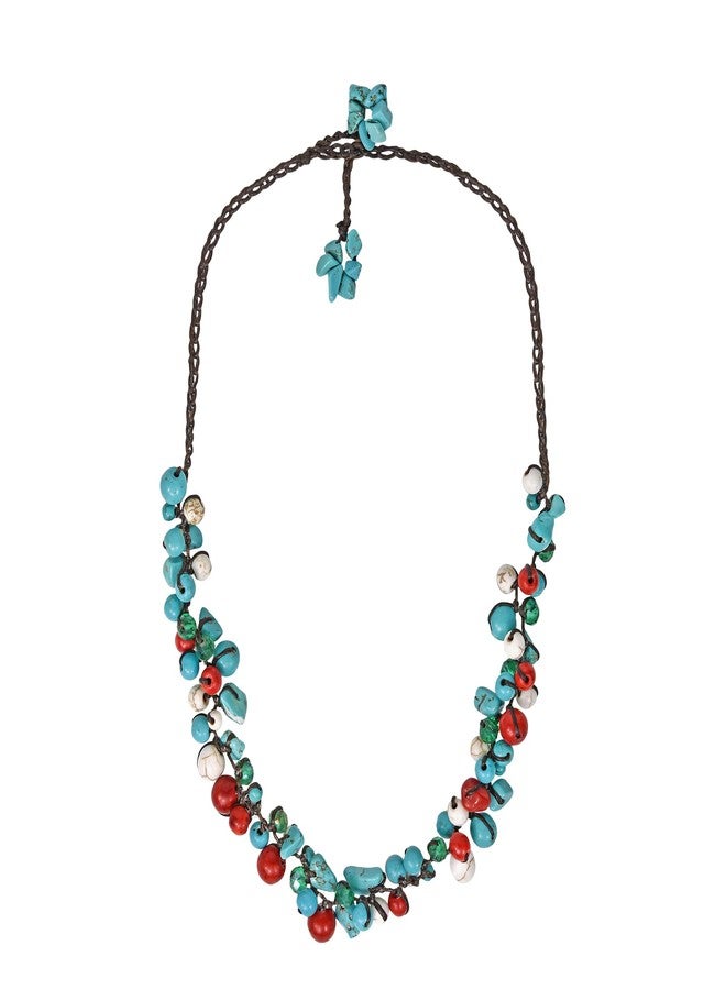 AeraVida Infinite Beaded Clusters Simulated Turquoise and Reconstructed Red Coral Cotton Wax Rope Necklace - Image 1