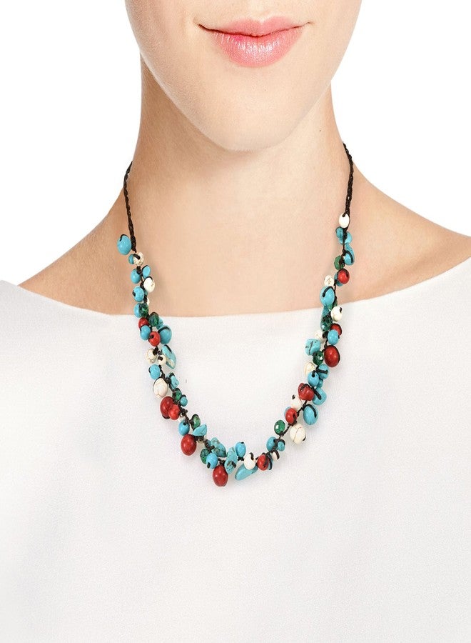 AeraVida Infinite Beaded Clusters Simulated Turquoise and Reconstructed Red Coral Cotton Wax Rope Necklace - Image 5