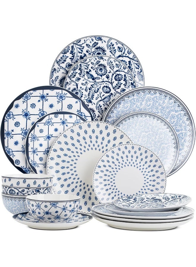 Brew To A Tea BTaT Bone China Dinnerware Sets for 4 12 pcs Blue Garden Elegance 4 Different Design Ceramic Plates and Bowls Sets for 4 Microwave Oven Dishwasher Freezer Safe - Image 1
