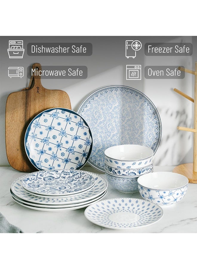 Brew To A Tea BTaT Bone China Dinnerware Sets for 4 12 pcs Blue Garden Elegance 4 Different Design Ceramic Plates and Bowls Sets for 4 Microwave Oven Dishwasher Freezer Safe - Image 4