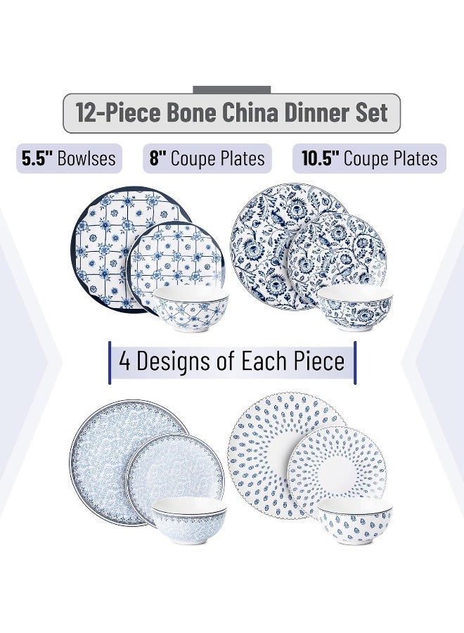 Brew To A Tea BTaT Bone China Dinnerware Sets for 4 12 pcs Blue Garden Elegance 4 Different Design Ceramic Plates and Bowls Sets for 4 Microwave Oven Dishwasher Freezer Safe - Image 2