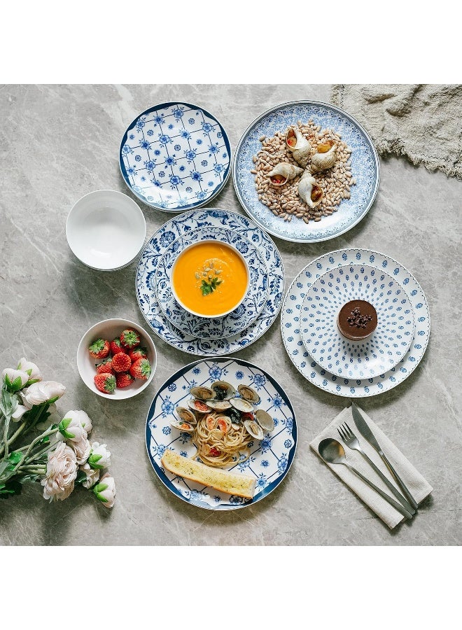 Brew To A Tea BTaT Bone China Dinnerware Sets for 4 12 pcs Blue Garden Elegance 4 Different Design Ceramic Plates and Bowls Sets for 4 Microwave Oven Dishwasher Freezer Safe - Image 3