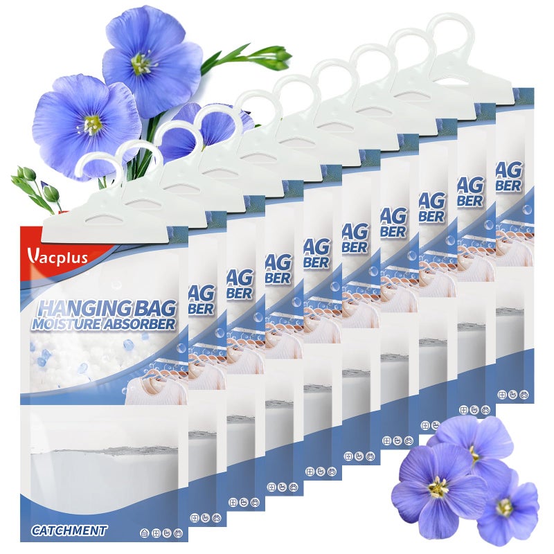 Vacplus Moisture Absorbers, Hanging Closet Dehumidifier Bags, Humidity Packs, Desiccant, Closet Dehumidifiers with Linen Fragrance, 10 Pack, 9.8 OZ - Image 1
