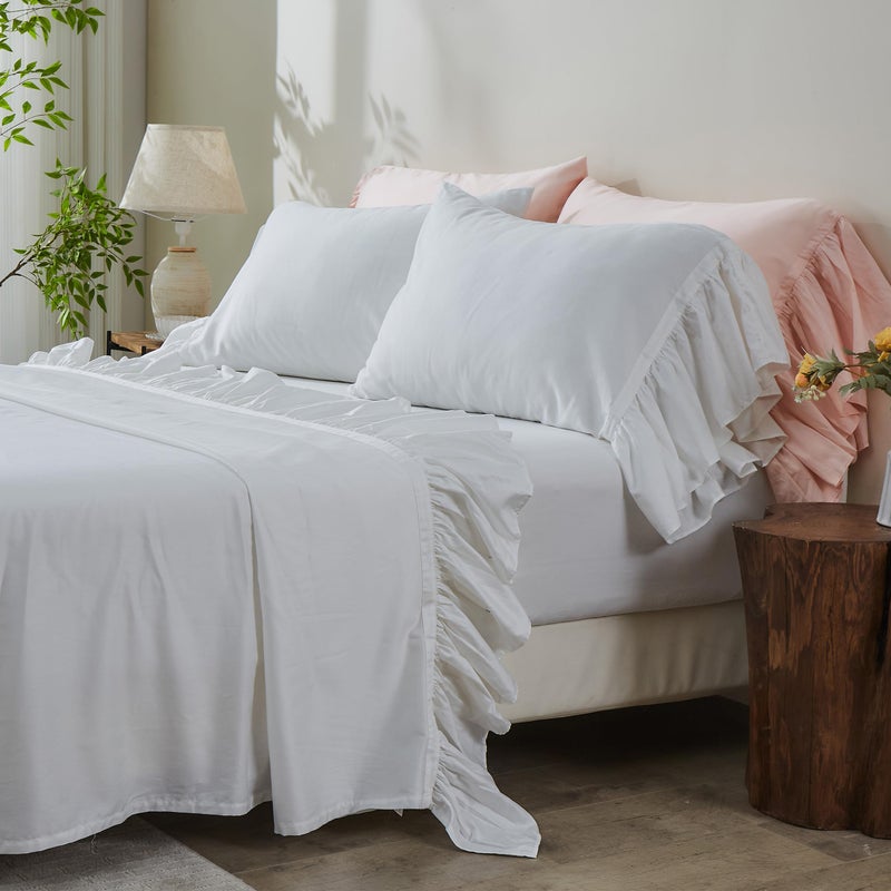 Simple&Opulence 100% Organic Cotton Sheet Set, Long Ruffle Bed Sheets (1 Flat Sheet, 1 Fitted Sheet and 2 Pillowcases) Elegant Shabby Chic Bedding Farmhouse Charming Vintage - White, Queen - Image 1